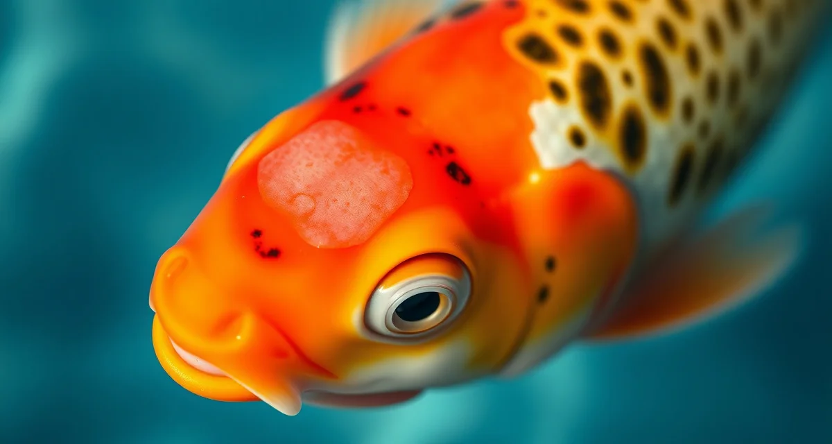 White spots on koi fish - diagnostic reference image Close-up of koi fish displaying white spots on scales, showing symptoms of carp pox or ich infection requiring proper diagnosis
