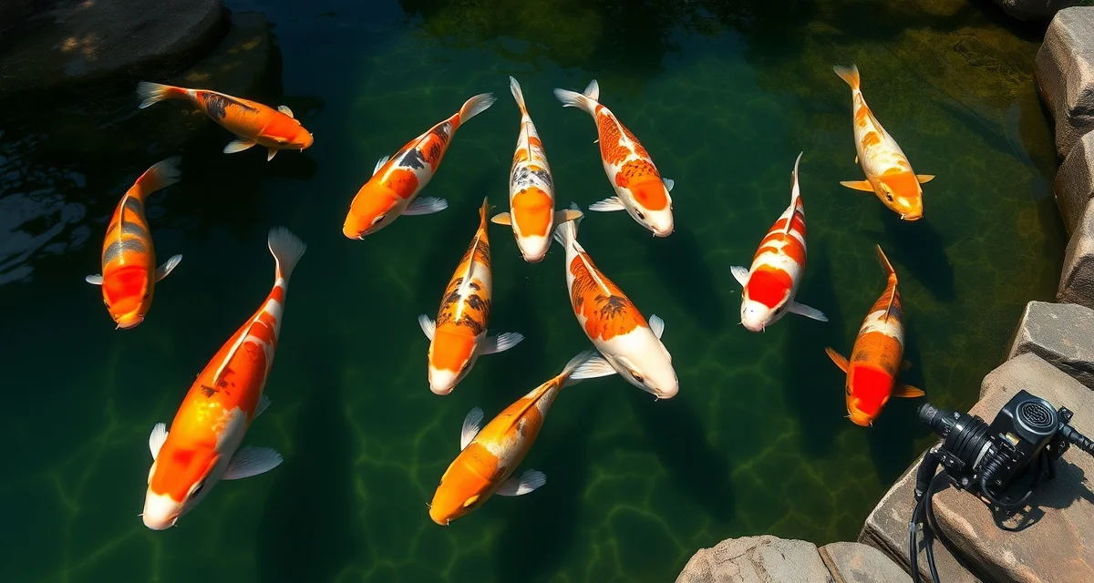 Wholesale koi dealer sourcing and quality assessment Premium koi fish in wholesale pond facility showing healthy specimens and water quality monitoring equipment