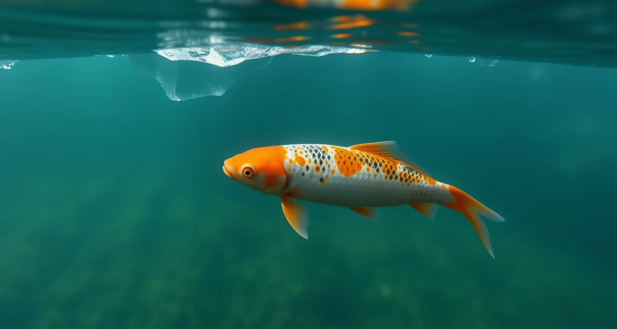 Winter koi pond water quality and fish health monitoring Koi fish in winter pond showing water quality conditions that affect disease risk during dormancy season
