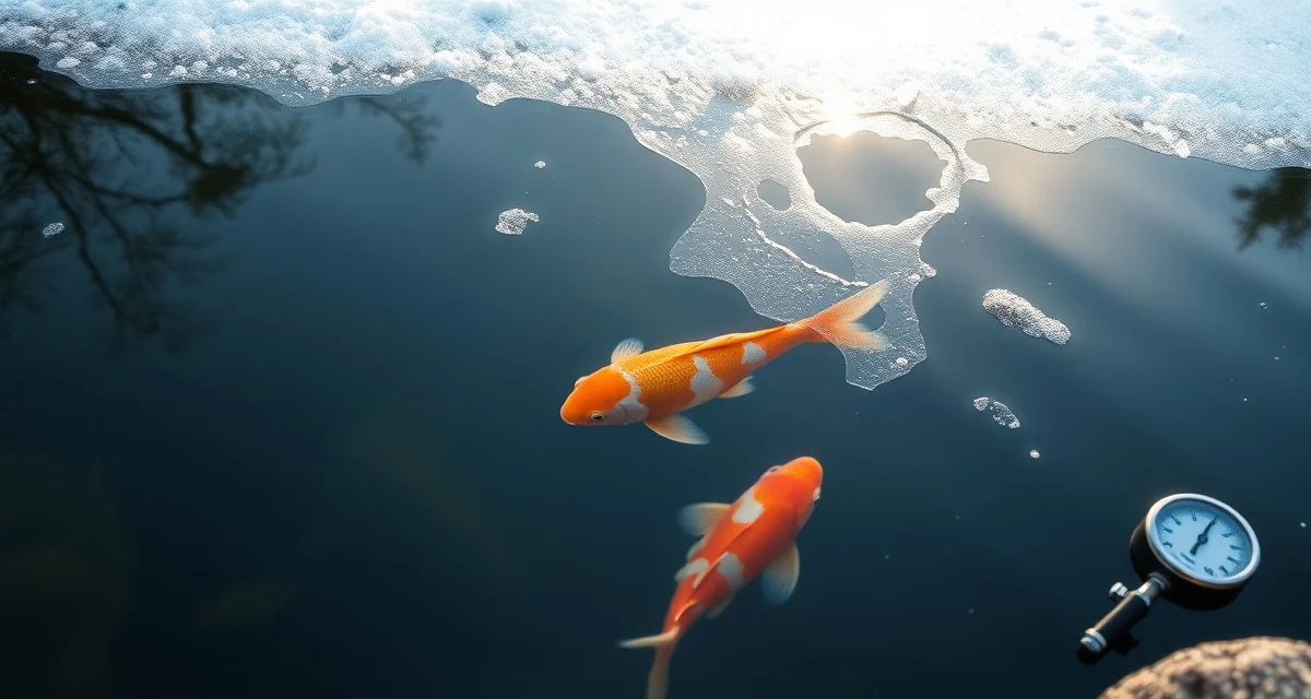 Koi hibernation dormancy water quality check Winter koi pond monitoring setup showing dormant koi fish beneath ice with water quality measurement equipment