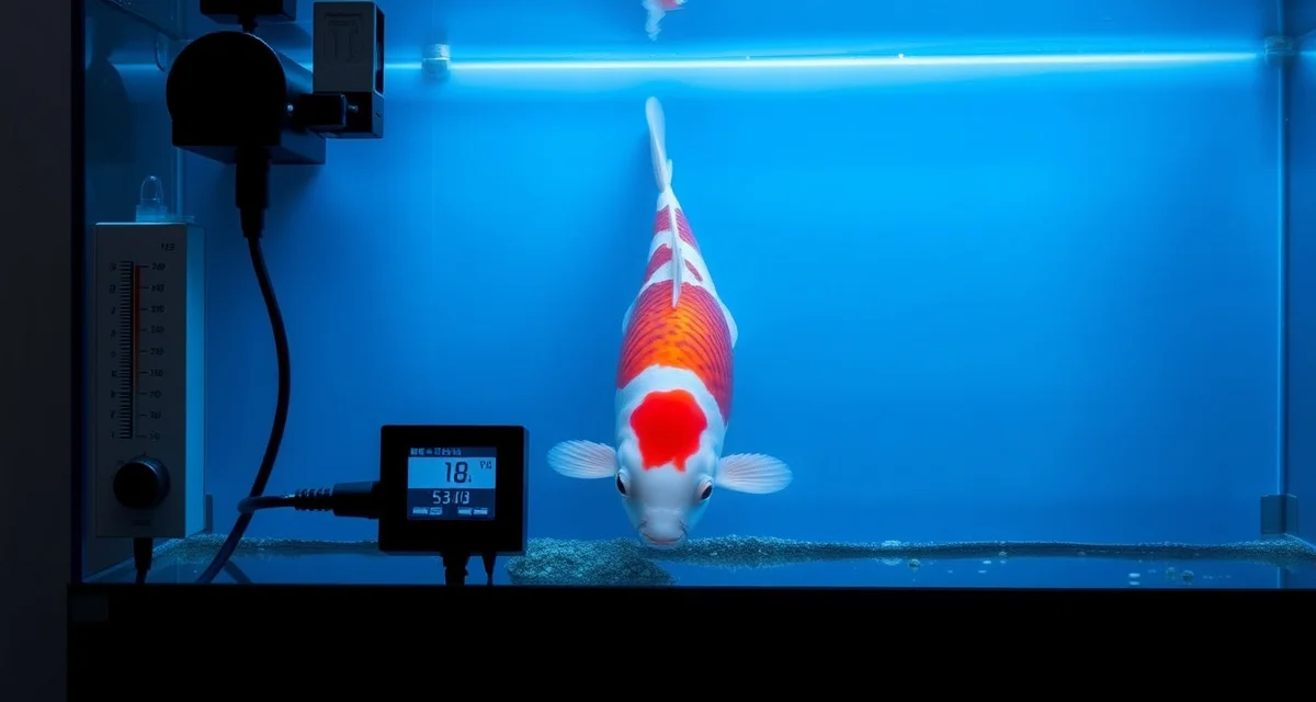 Winter koi quarantine cold water management Koi fish in winter quarantine setup with cold water temperature monitoring and treatment considerations