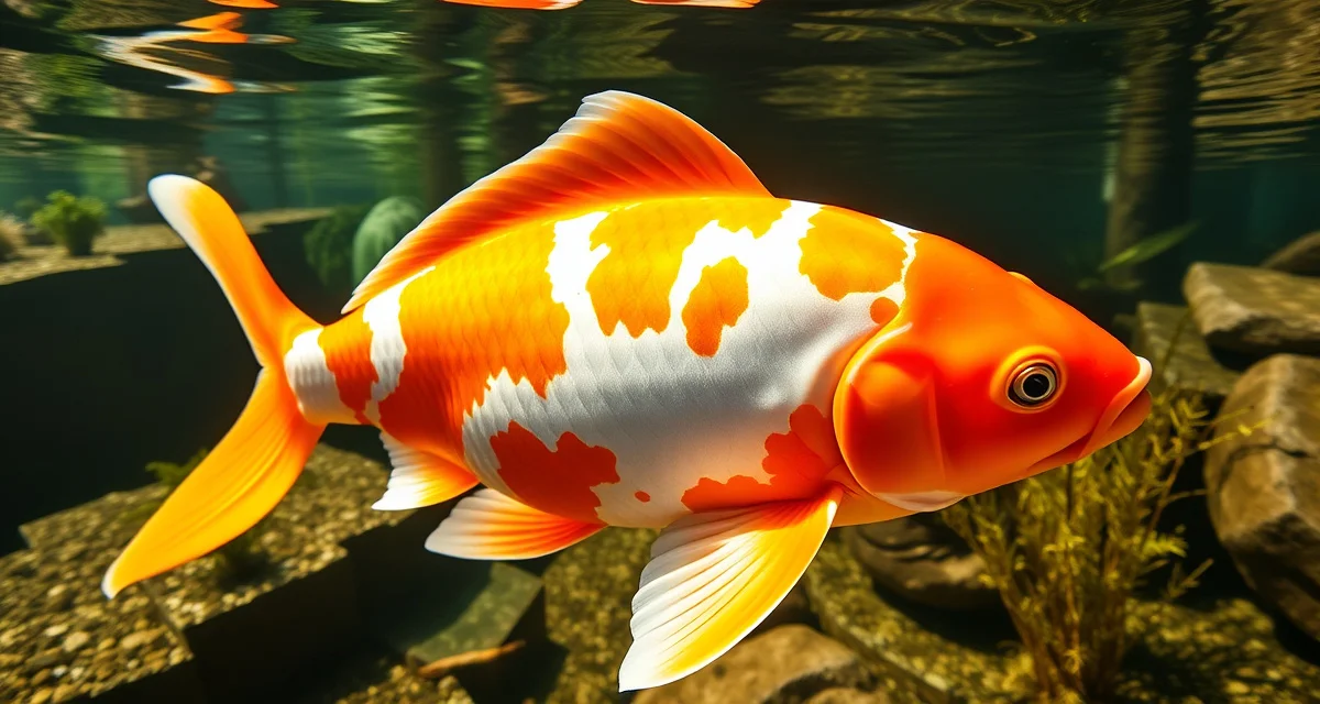 Chagoi Koi Care Requirements Large orange and white chagoi koi fish in a well-maintained pond demonstrating proper water quality and size requirements for this fast-growing variety