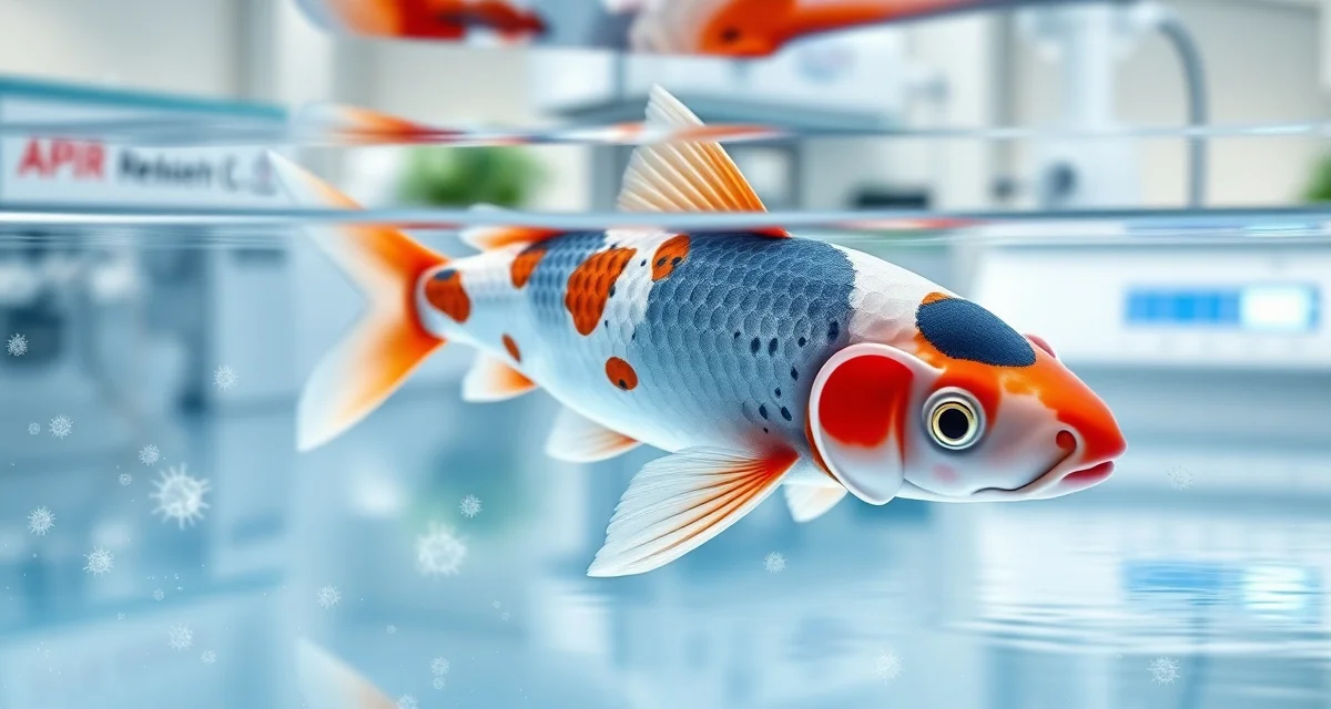 LMBV Risk Management for Healthy Koi Ponds Koi fish in pond water showing LMBV virus risk assessment and largemouth bass virus prevention measures for pond owners