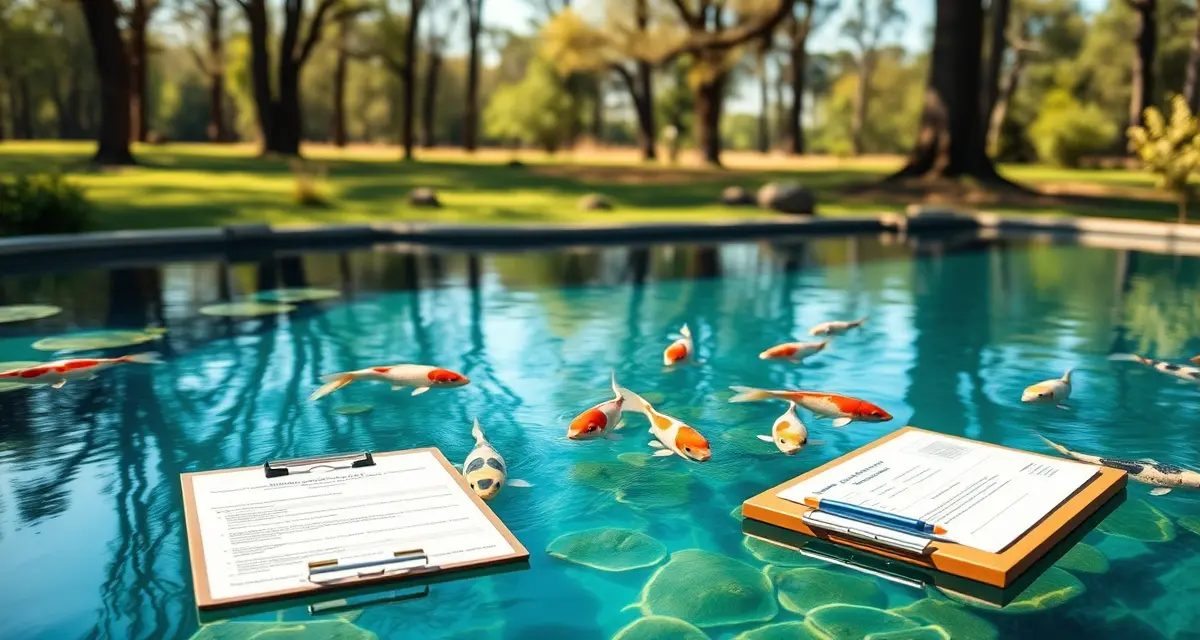 Michigan DNR Koi Pond Regulations Compliance Clear koi pond with healthy fish and Michigan DNR regulatory compliance documentation for responsible koi keeping