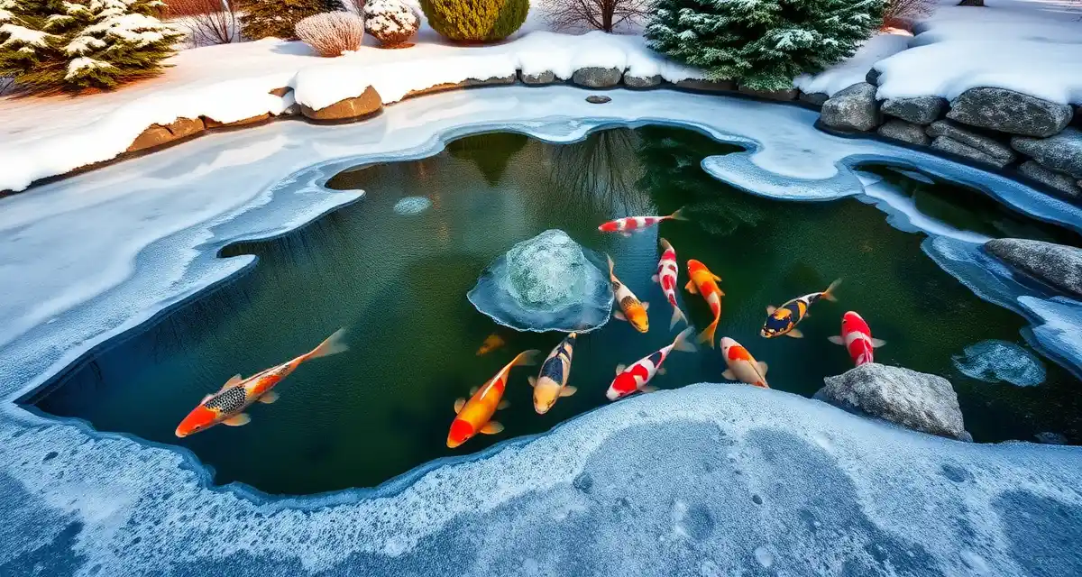 Cold-season koi pond care in the Midwest Midwest koi pond during cold season showing water temperature management techniques for seasonal koi health and survival.