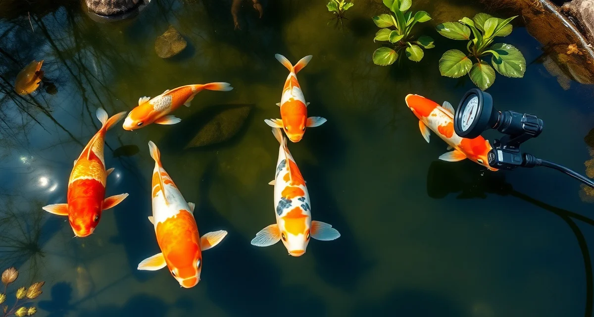Spring seasonal management for Midwest koi ponds Midwest koi pond during spring temperature transition showing fish health monitoring and seasonal water quality management