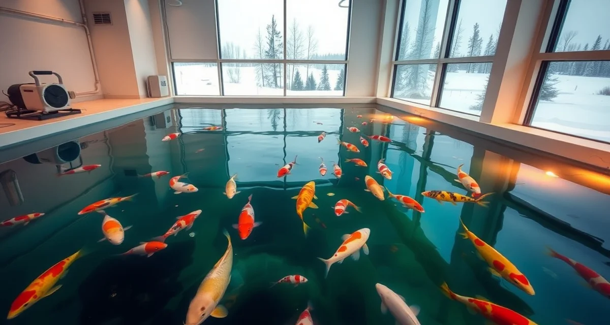 Cold-climate koi dealer management solution for Montana winters Indoor heated koi pond facility showing Montana winter koi care with temperature control systems and healthy fish