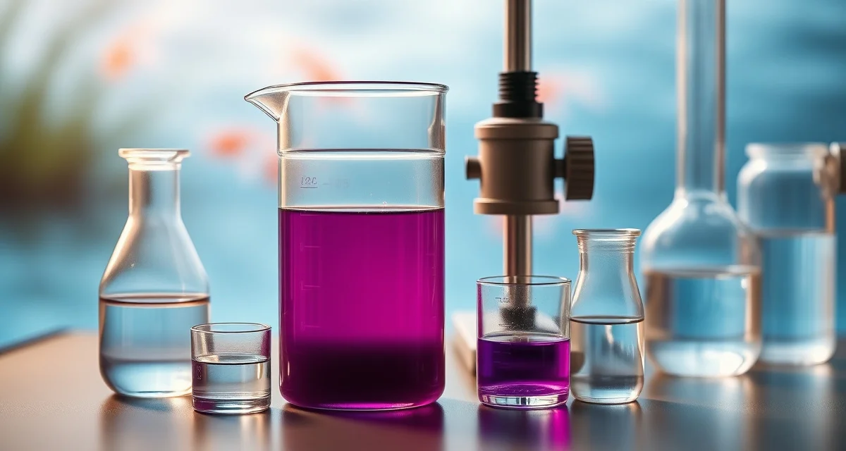 KMnO4 treatment solution measurement guide Potassium permanganate dose calculator setup showing purple KMnO4 solution measurement for koi pond treatment