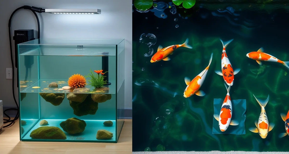Quarantine tank versus display pond water quality setup Side-by-side comparison of a quarantine tank and display pond showing different filtration systems and water parameters for koi fish health management