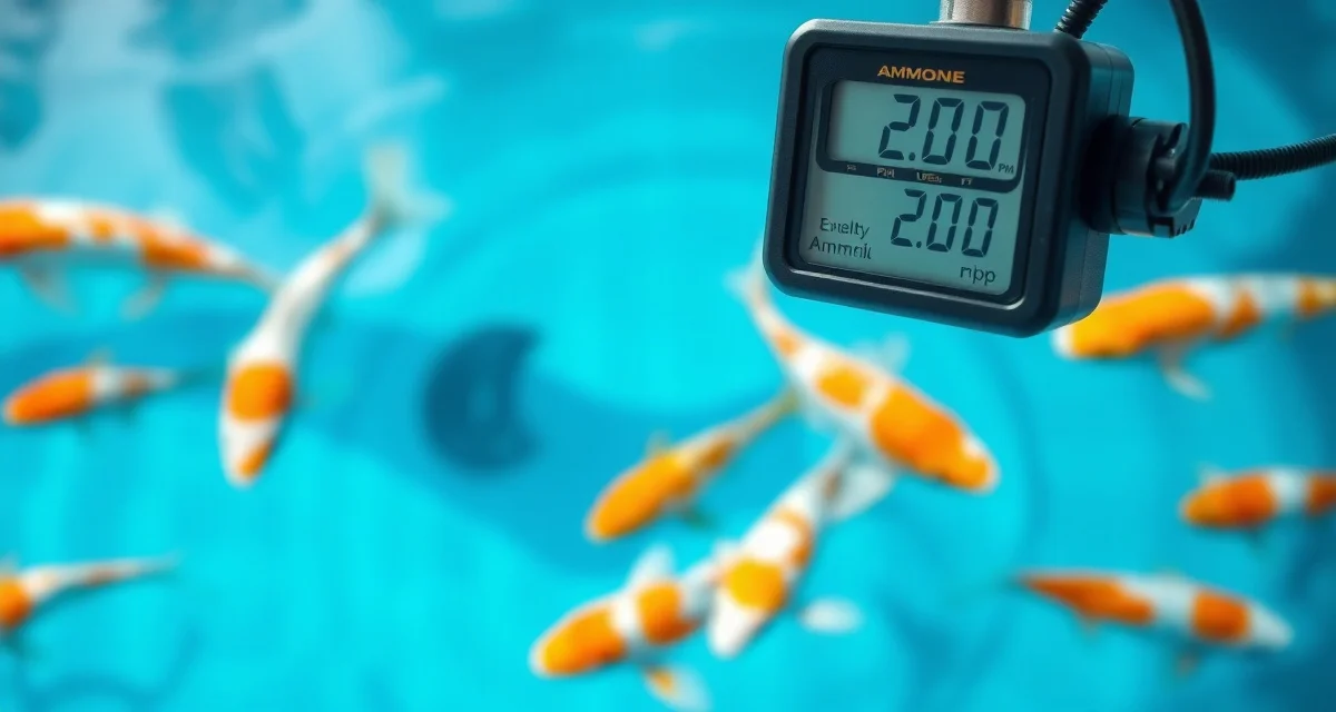 Koi pond ammonia testing at zero ppm target level Digital ammonia testing meter showing zero ppm safe level above healthy koi pond water with swimming fish