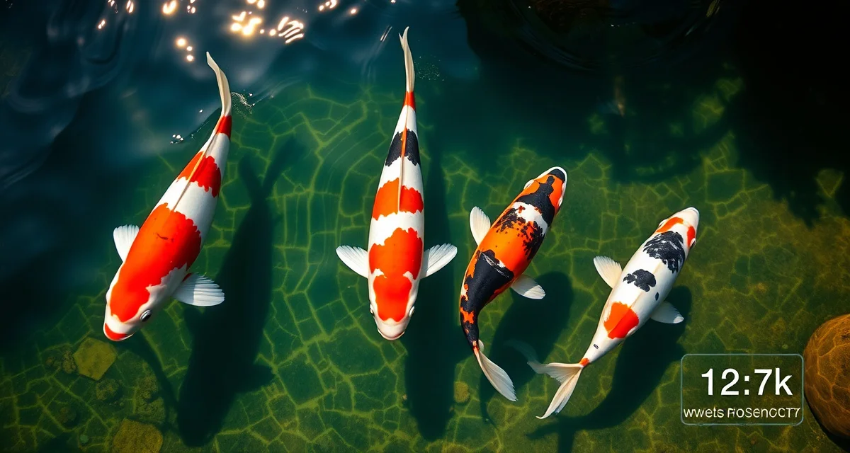 KoiQuanta management software for Sanke pattern health Sanke koi fish in pond with water quality monitoring data displayed for health pattern tracking