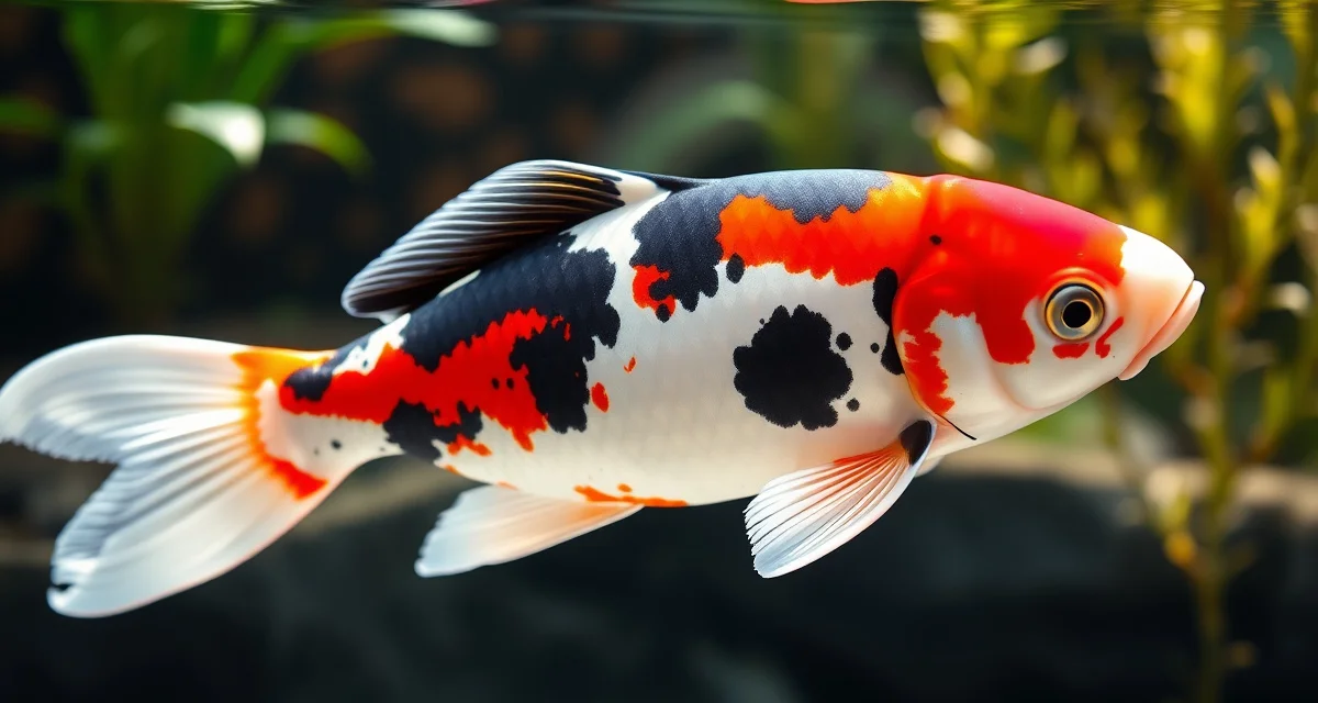 Premium Showa koi health assessment Showa koi displaying tri-color pattern showing sumi black, hi red, and shiroji white markings for health evaluation and disease tracking.