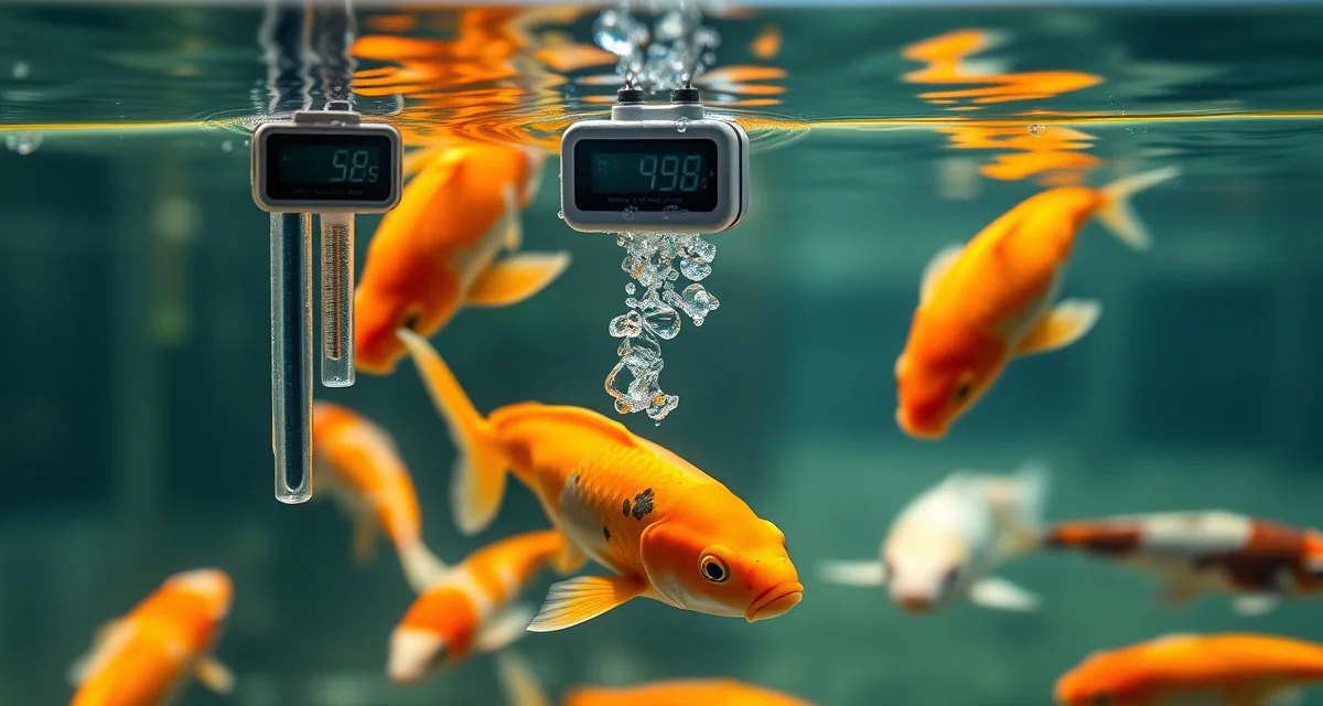 Koi pond spring maintenance water analysis Spring koi pond startup water quality testing with digital meters measuring pH and temperature for disease prevention