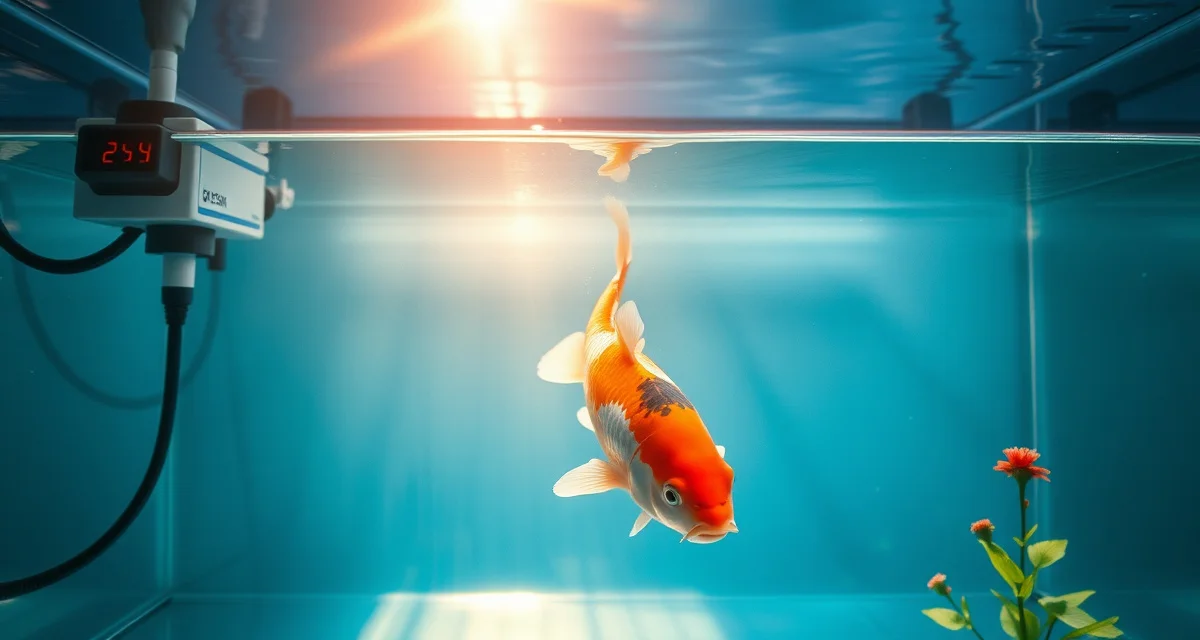 Koi quarantine tank configuration for spring season management Spring koi quarantine tank with temperature monitoring equipment and healthy koi fish isolated during high-risk seasonal transition period