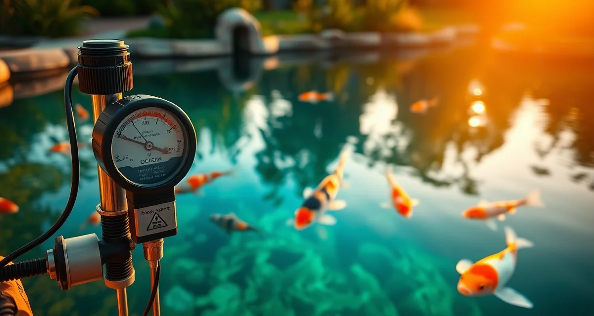Summer water quality management for koi health Koi pond water quality testing during summer showing dissolved oxygen monitoring equipment and healthy fish in warm water conditions