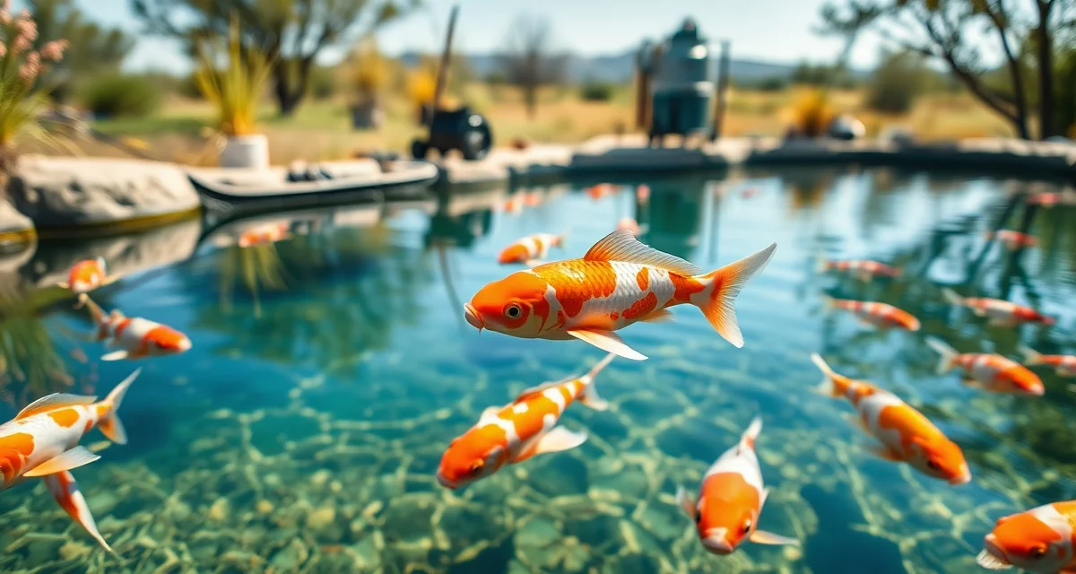 Texas koi pond regulatory compliance Clear koi pond with healthy fish and water quality testing equipment representing Texas TPWD regulations compliance