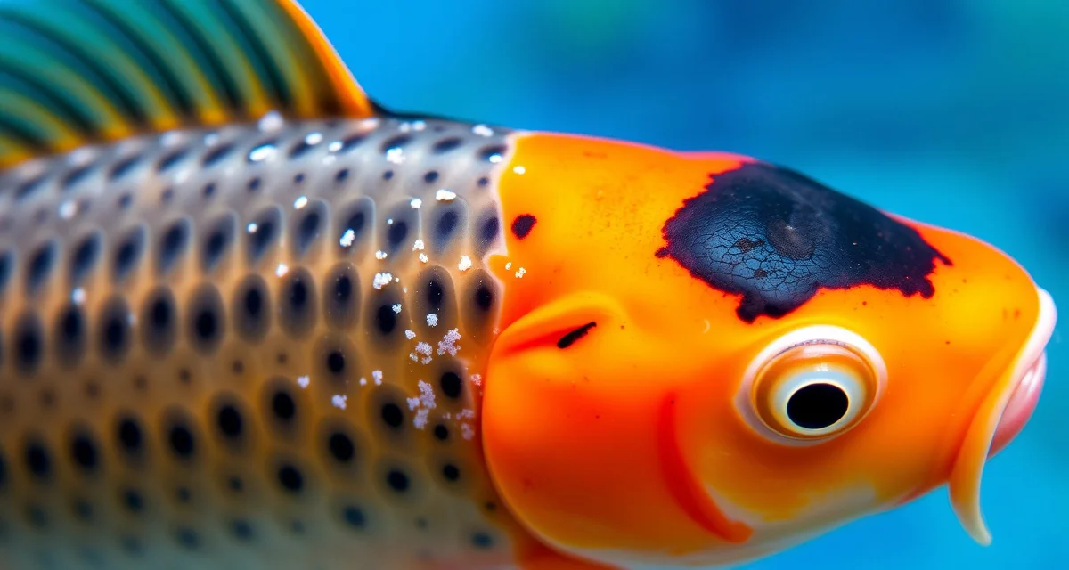 Ich parasite infection on koi fish Koi fish displaying white spot disease (ich) with characteristic salt-grain spots visible on scales and fins in pond water.