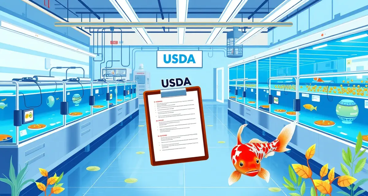 USDA Fish Import Facility Registration Requirements USDA koi import facility registration process documentation with aquaculture tanks and compliance requirements for fish importation.