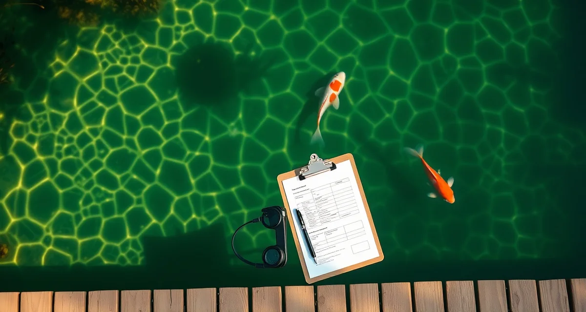 WDFW Koi Import Requirements Washington koi pond regulations documentation and water quality testing equipment beside a healthy koi pond